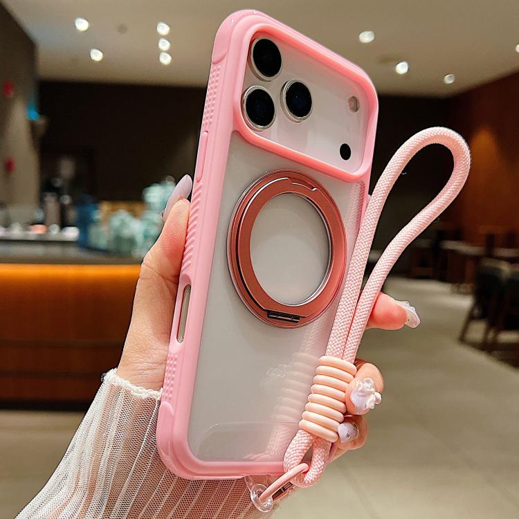 Solid Color Edge Transparency Rotation Holder MagSafe Phone Case with Wrist Strap, For iPhone 17 Pro Max, For iPhone 17 Pro, For iPhone 17