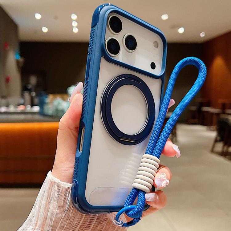 Solid Color Edge Transparency Rotation Holder MagSafe Phone Case with Wrist Strap, For iPhone 17 Pro Max, For iPhone 17 Pro, For iPhone 17
