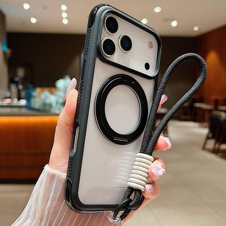 Solid Color Edge Transparency Rotation Holder MagSafe Phone Case with Wrist Strap, For iPhone 17 Pro Max, For iPhone 17 Pro, For iPhone 17