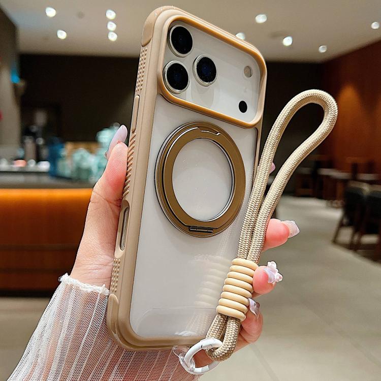 Solid Color Edge Transparency Rotation Holder MagSafe Phone Case with Wrist Strap, For iPhone 17 Pro Max, For iPhone 17 Pro, For iPhone 17