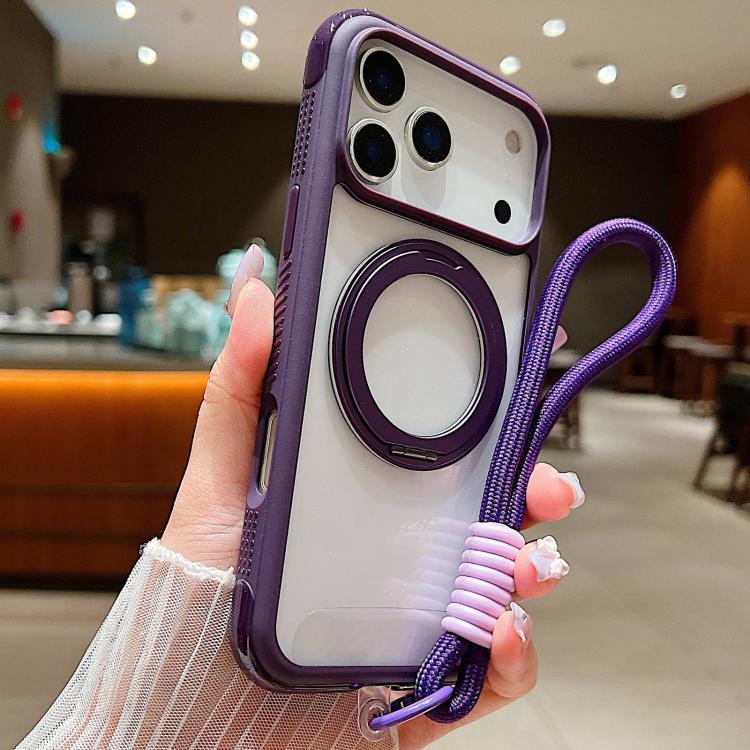 Solid Color Edge Transparency Rotation Holder MagSafe Phone Case with Wrist Strap, For iPhone 17 Pro Max, For iPhone 17 Pro, For iPhone 17