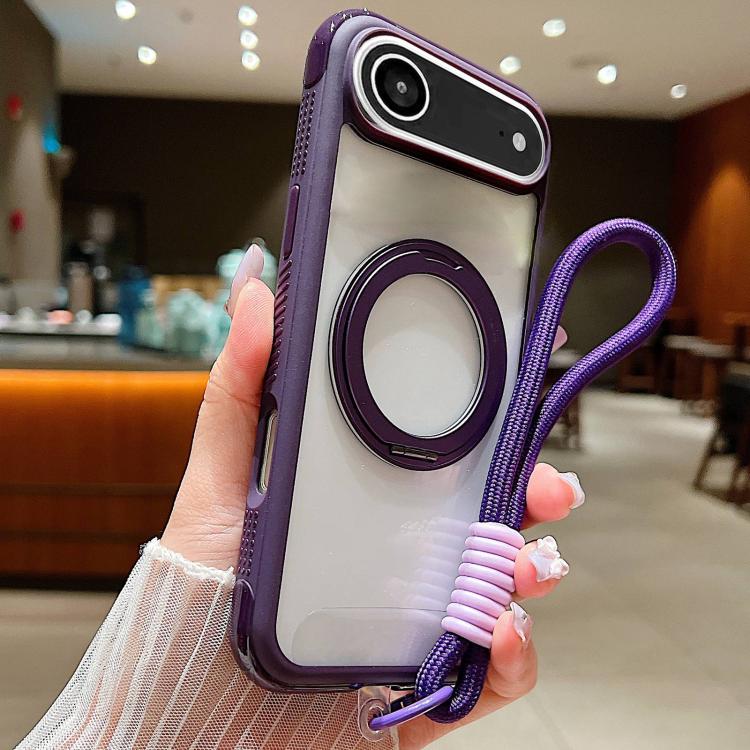 Solid Color Edge Transparency Rotation Holder MagSafe Phone Case with Wrist Strap, For iPhone Air, For iPhone 16 Pro Max, For iPhone 16 Pro