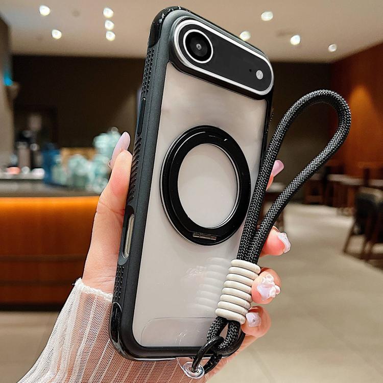 Solid Color Edge Transparency Rotation Holder MagSafe Phone Case with Wrist Strap, For iPhone Air, For iPhone 16 Pro Max, For iPhone 16 Pro