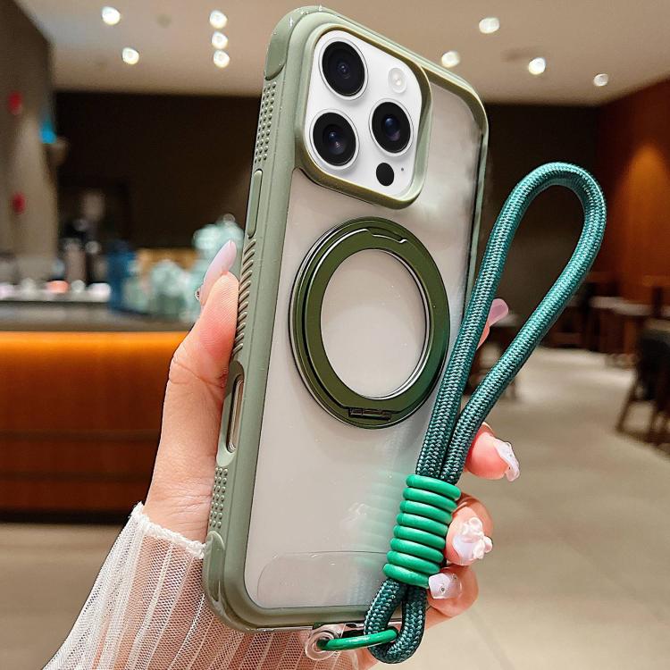 Solid Color Edge Transparency Rotation Holder MagSafe Phone Case with Wrist Strap, For iPhone Air, For iPhone 16 Pro Max, For iPhone 16 Pro
