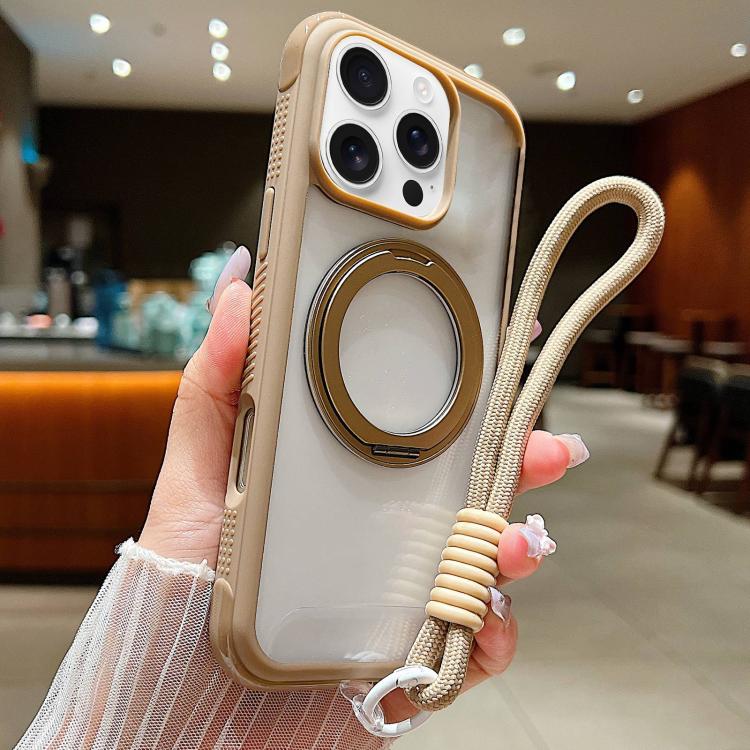Solid Color Edge Transparency Rotation Holder MagSafe Phone Case with Wrist Strap, For iPhone Air, For iPhone 16 Pro Max, For iPhone 16 Pro