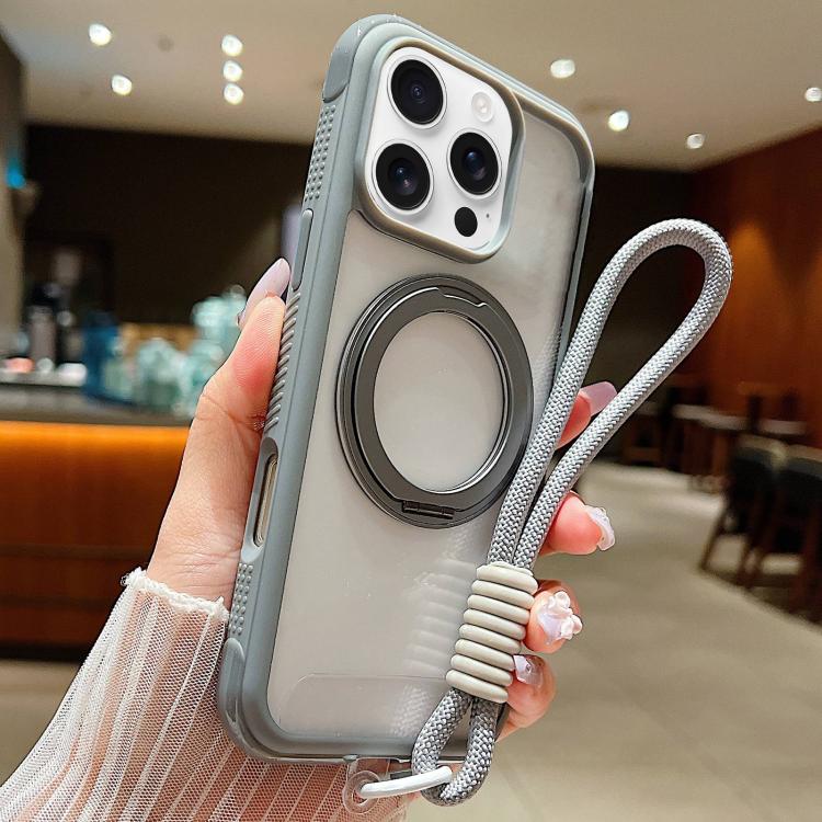 Solid Color Edge Transparency Rotation Holder MagSafe Phone Case with Wrist Strap, For iPhone Air, For iPhone 16 Pro Max, For iPhone 16 Pro