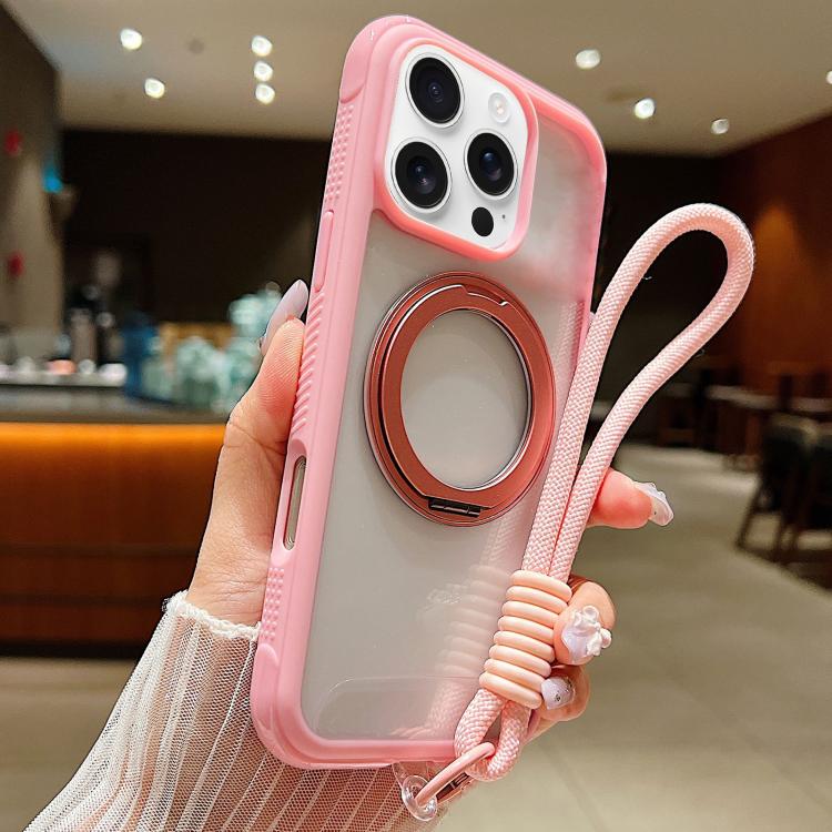 Solid Color Edge Transparency Rotation Holder MagSafe Phone Case with Wrist Strap, For iPhone Air, For iPhone 16 Pro Max, For iPhone 16 Pro
