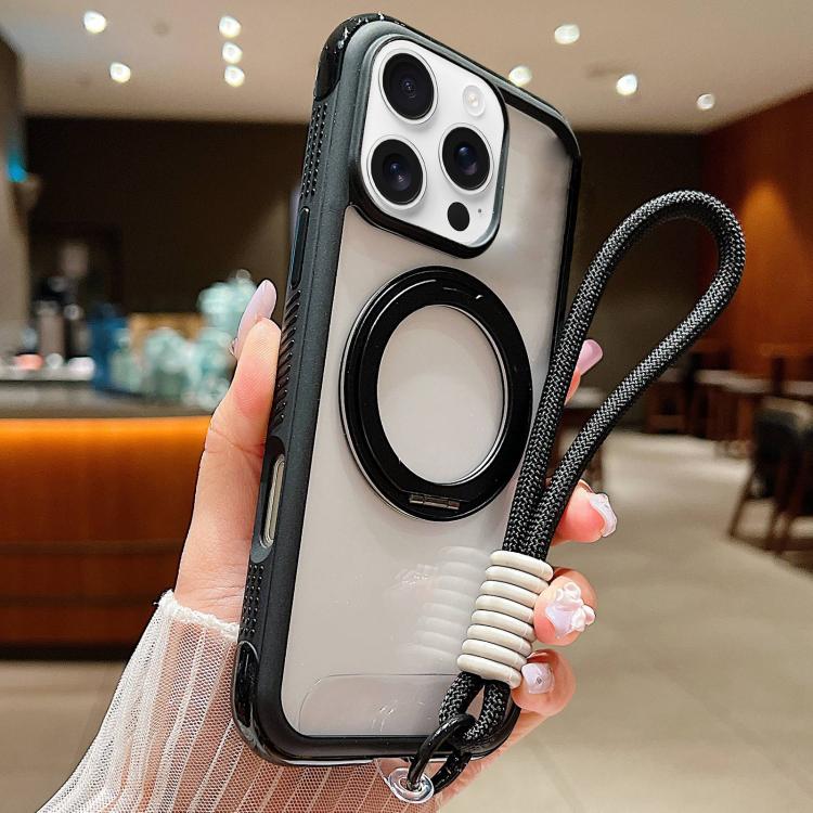 Solid Color Edge Transparency Rotation Holder MagSafe Phone Case with Wrist Strap, For iPhone Air, For iPhone 16 Pro Max, For iPhone 16 Pro