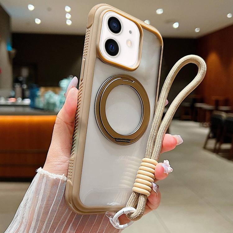 Solid Color Edge Transparency Rotation Holder MagSafe Phone Case with Wrist Strap, For iPhone 12 / 12 Pro
