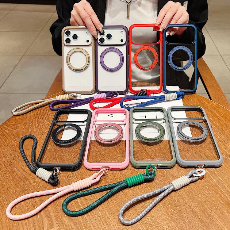 Solid Color Edge Transparency Rotation Holder MagSafe Phone Case with Wrist Strap, For iPhone Air, For iPhone 16 Pro Max, For iPhone 16 Pro