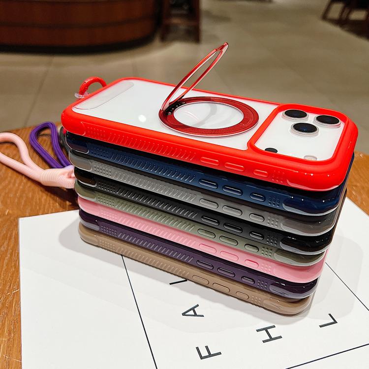 Solid Color Edge Transparency Rotation Holder MagSafe Phone Case with Wrist Strap, For iPhone Air, For iPhone 16 Pro Max, For iPhone 16 Pro