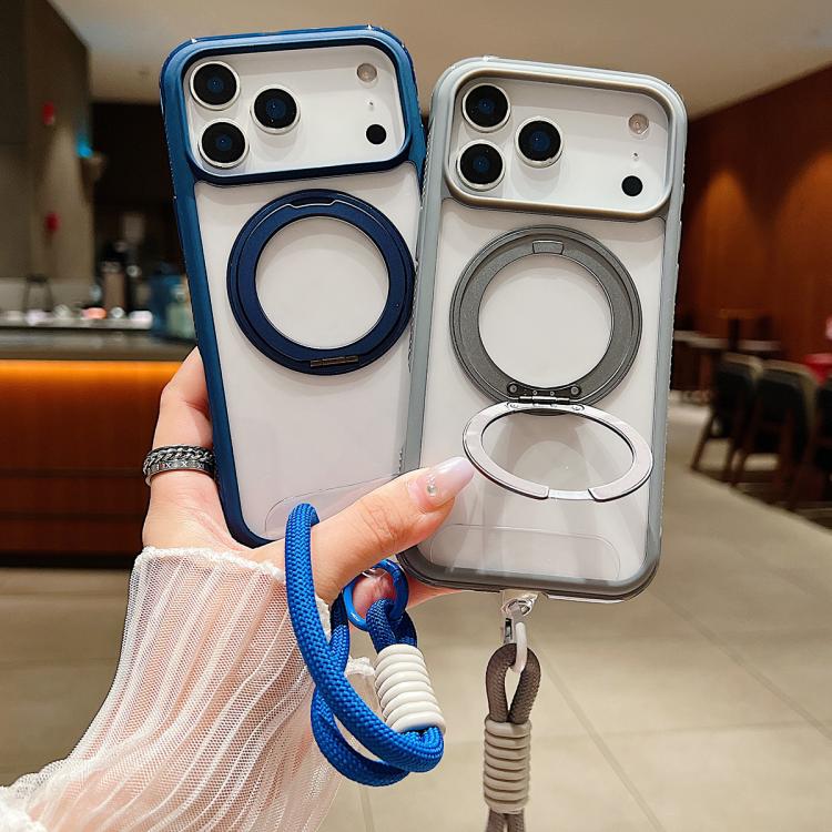 Solid Color Edge Transparency Rotation Holder MagSafe Phone Case with Wrist Strap, For iPhone Air, For iPhone 16 Pro Max, For iPhone 16 Pro