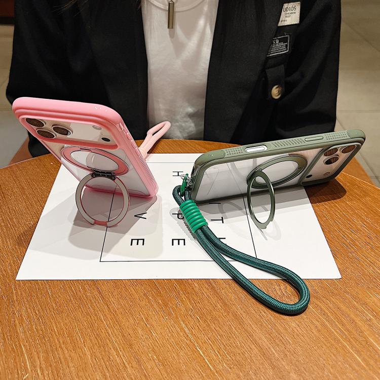 Solid Color Edge Transparency Rotation Holder MagSafe Phone Case with Wrist Strap, For iPhone Air, For iPhone 16 Pro Max, For iPhone 16 Pro