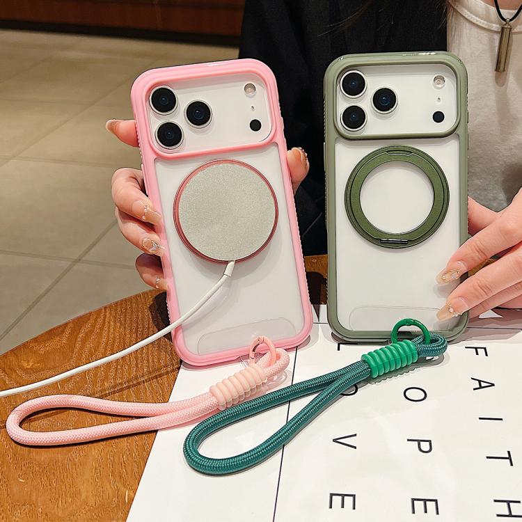 Solid Color Edge Transparency Rotation Holder MagSafe Phone Case with Wrist Strap, For iPhone 17 Pro Max, For iPhone 17 Pro, For iPhone 17