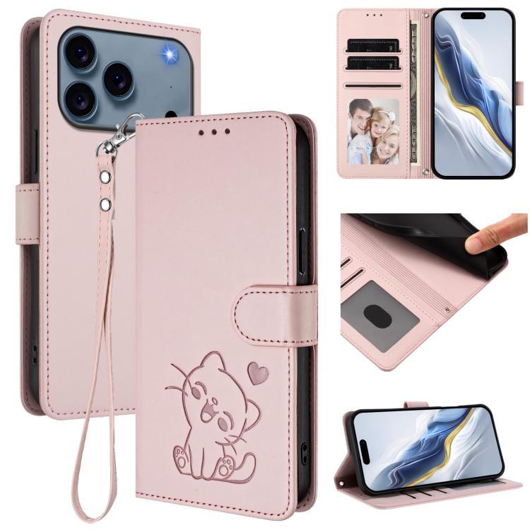 Embossed Heart Cat Leather Phone Case with Hand Strap, For iPhone 17e / 16e, For iPhone 17 Pro Max