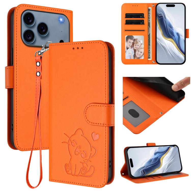 Embossed Heart Cat Leather Phone Case with Hand Strap, For iPhone 17e / 16e, For iPhone 17 Pro Max