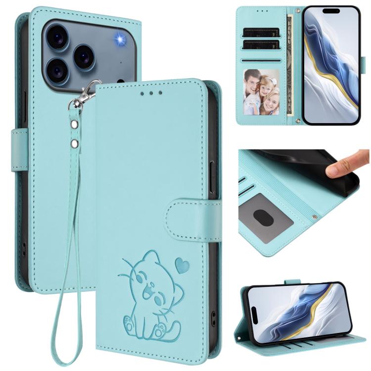 Embossed Heart Cat Leather Phone Case with Hand Strap, For iPhone 17e / 16e, For iPhone 17 Pro Max