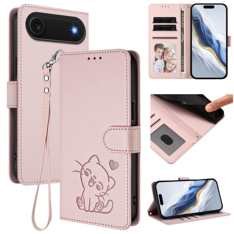 Embossed Heart Cat Leather Phone Case with Hand Strap, For iPhone Air, For iPhone 16 Pro Max