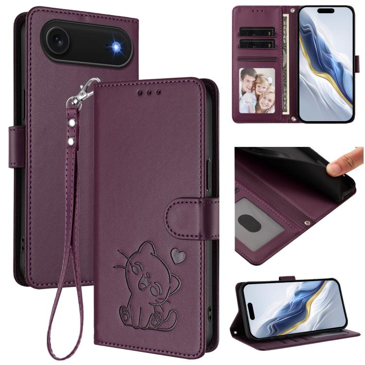 Embossed Heart Cat Leather Phone Case with Hand Strap, For iPhone Air, For iPhone 16 Pro Max