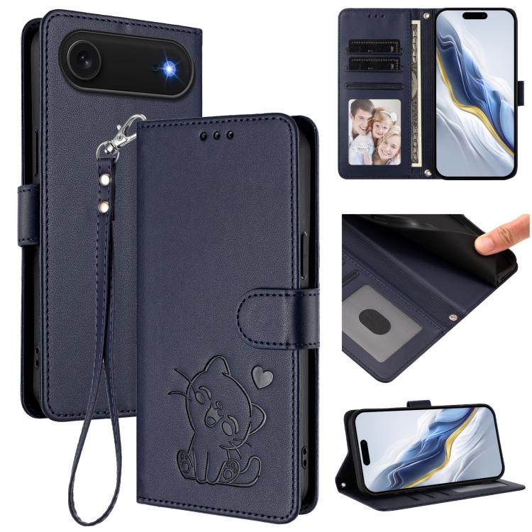 Embossed Heart Cat Leather Phone Case with Hand Strap, For iPhone Air, For iPhone 16 Pro Max