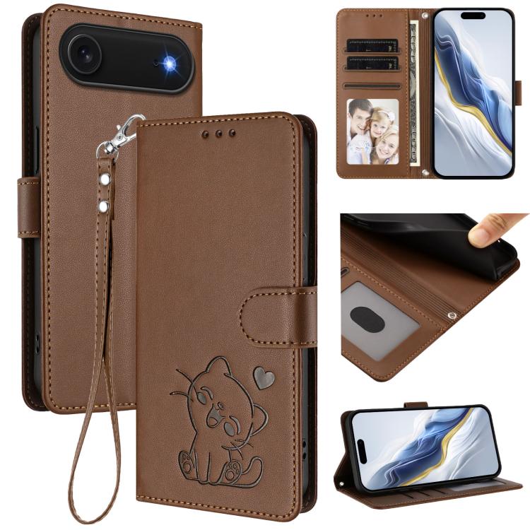 Embossed Heart Cat Leather Phone Case with Hand Strap, For iPhone Air, For iPhone 16 Pro Max