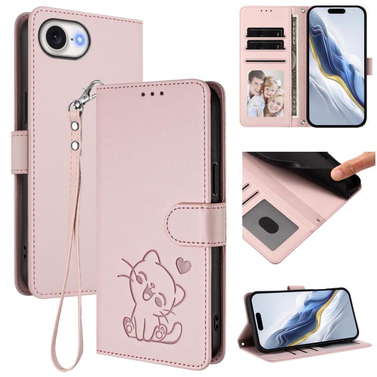 Embossed Heart Cat Leather Phone Case with Hand Strap, For iPhone 17 Pro, For iPhone 17