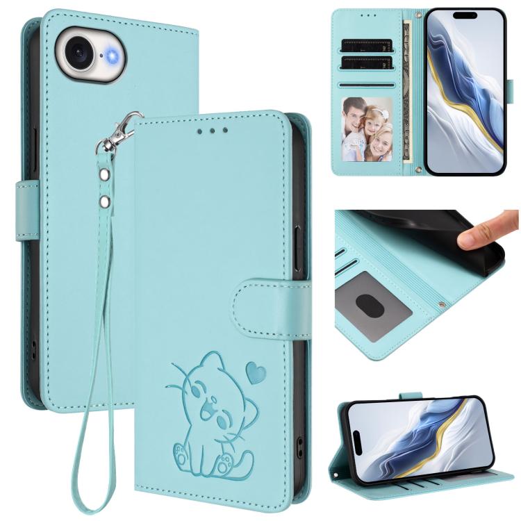 Embossed Heart Cat Leather Phone Case with Hand Strap, For iPhone 17 Pro, For iPhone 17