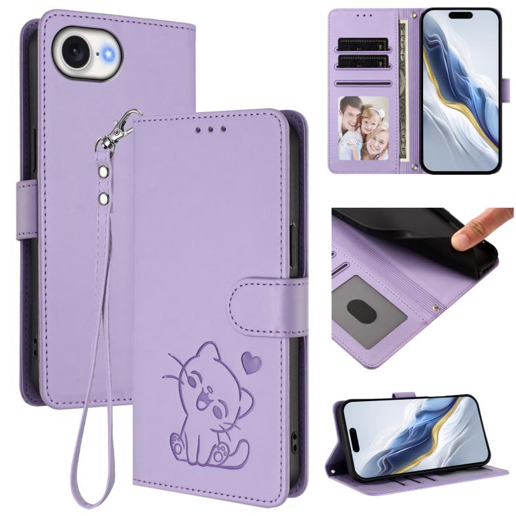 Embossed Heart Cat Leather Phone Case with Hand Strap, For iPhone 17 Pro, For iPhone 17