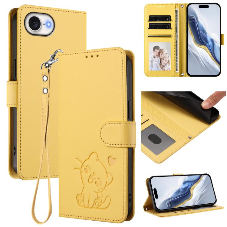 Embossed Heart Cat Leather Phone Case with Hand Strap, For iPhone 17 Pro, For iPhone 17