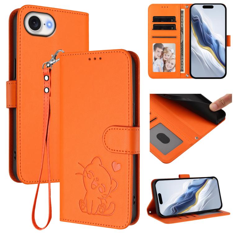 Embossed Heart Cat Leather Phone Case with Hand Strap, For iPhone 17 Pro, For iPhone 17