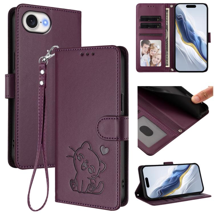 Embossed Heart Cat Leather Phone Case with Hand Strap, For iPhone 17 Pro, For iPhone 17
