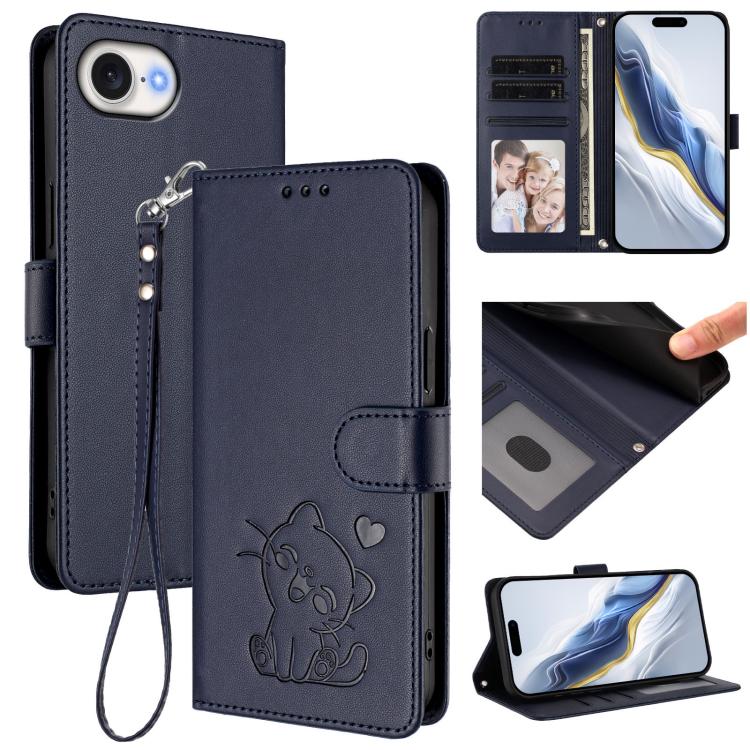 Embossed Heart Cat Leather Phone Case with Hand Strap, For iPhone 17 Pro, For iPhone 17