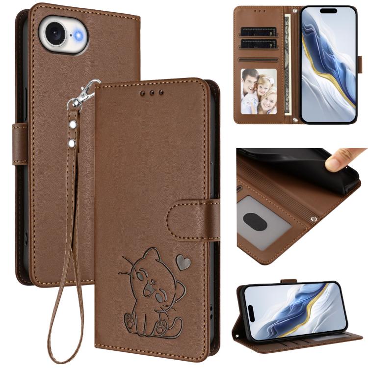 Embossed Heart Cat Leather Phone Case with Hand Strap, For iPhone 17 Pro, For iPhone 17