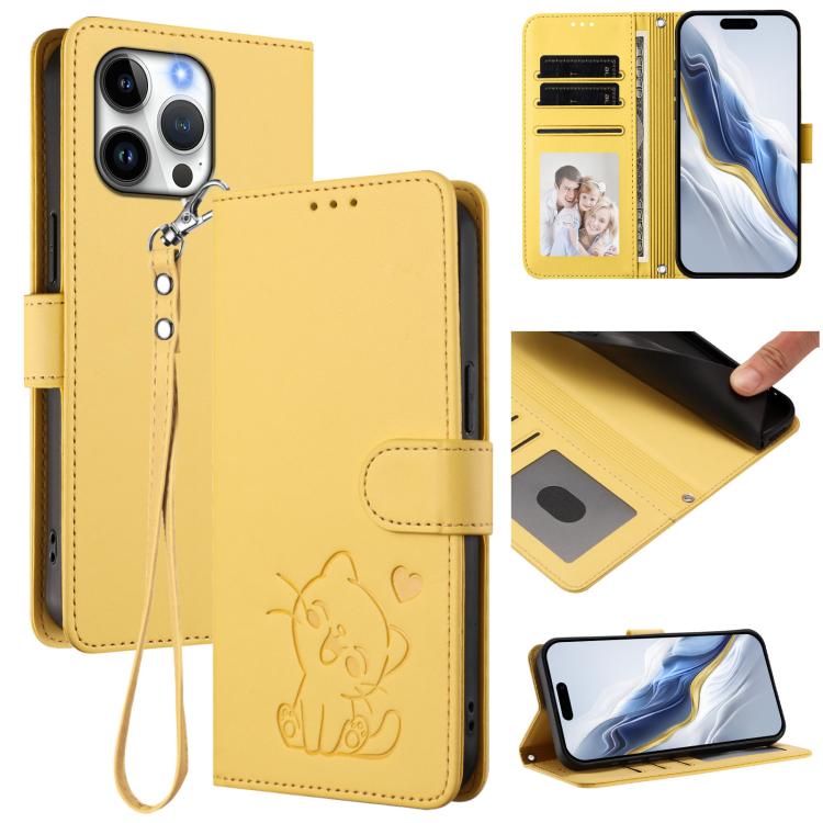 Embossed Heart Cat Leather Phone Case with Hand Strap, For iPhone Air, For iPhone 16 Pro Max