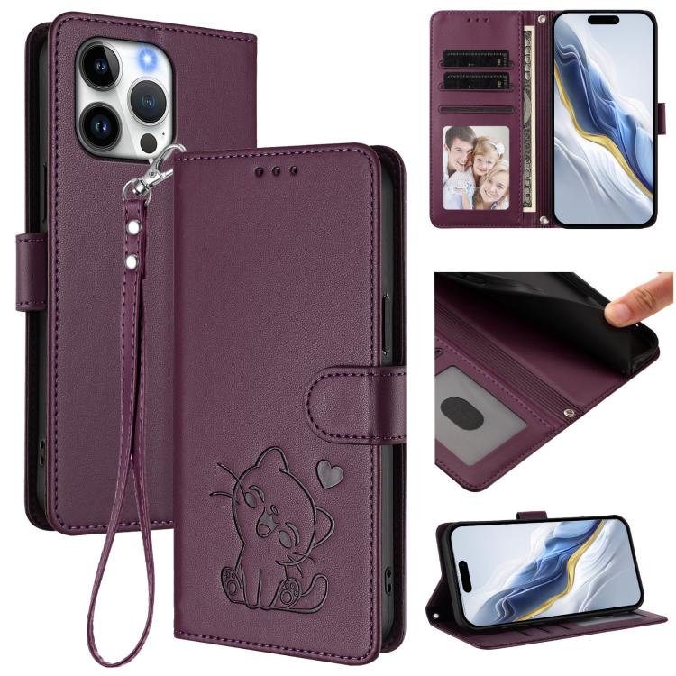 Embossed Heart Cat Leather Phone Case with Hand Strap, For iPhone Air, For iPhone 16 Pro Max