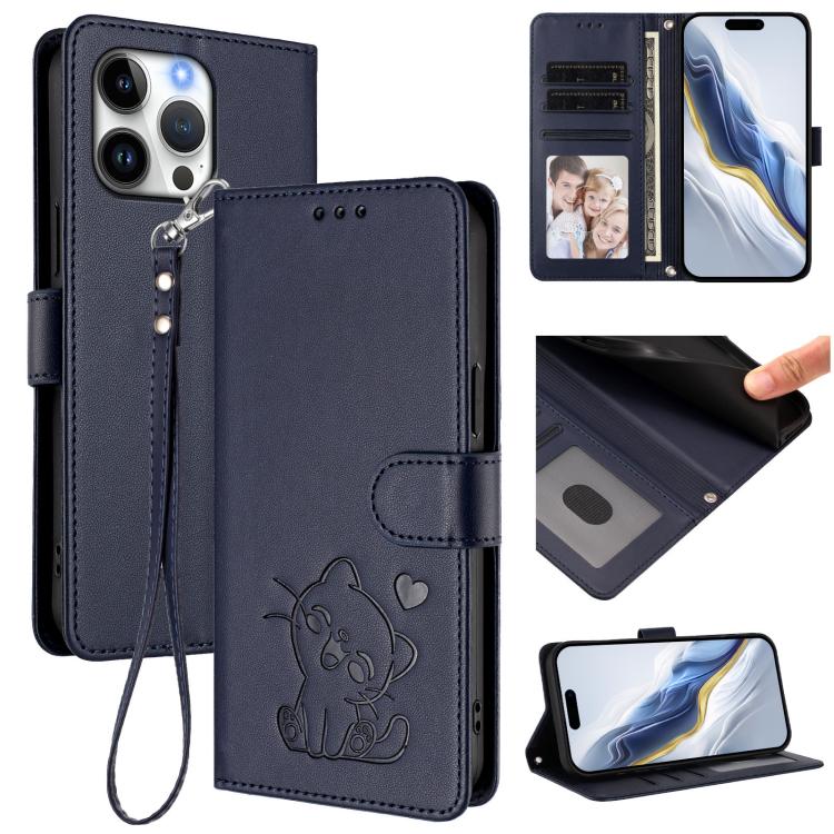 Embossed Heart Cat Leather Phone Case with Hand Strap, For iPhone Air, For iPhone 16 Pro Max