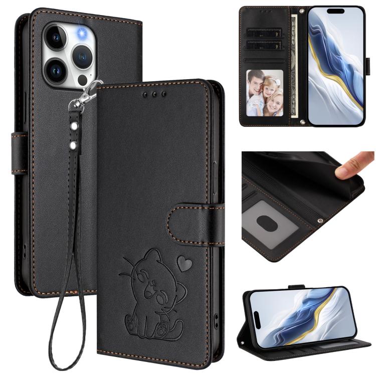 Embossed Heart Cat Leather Phone Case with Hand Strap, For iPhone Air, For iPhone 16 Pro Max