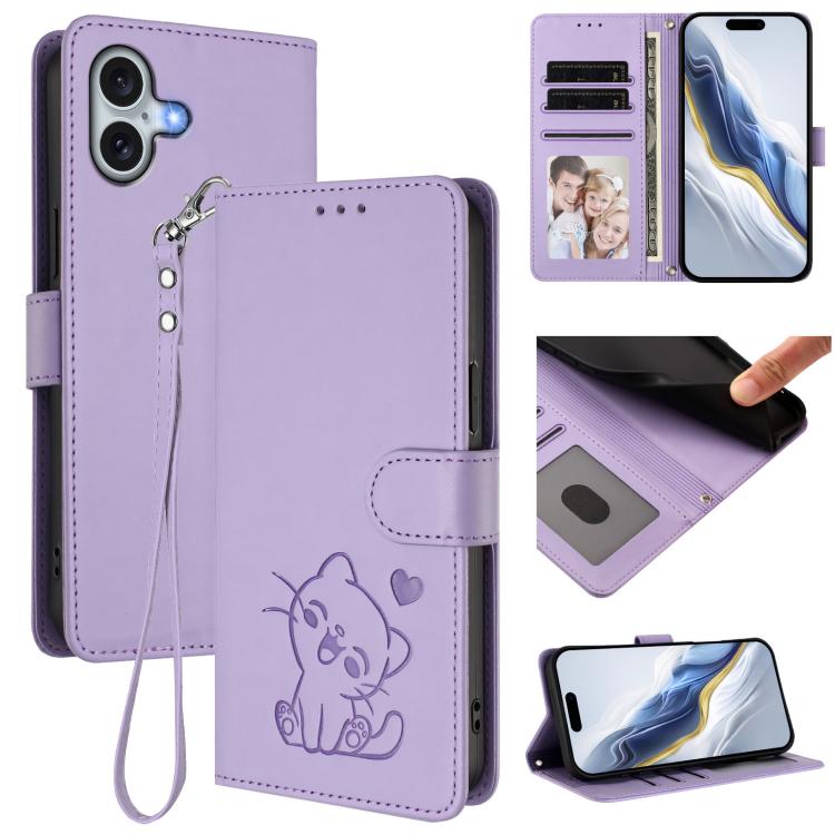 Embossed Heart Cat Leather Phone Case with Hand Strap, For iPhone 16 Pro, For iPhone 16 Plus