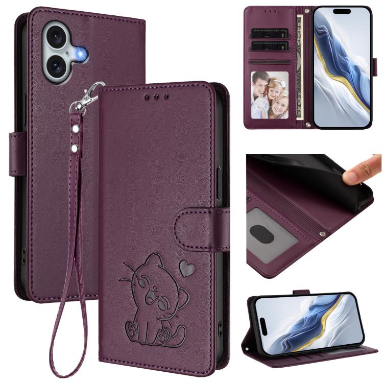 Embossed Heart Cat Leather Phone Case with Hand Strap, For iPhone 16, For iPhone 15 Pro Max