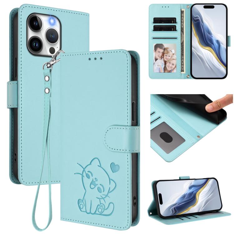 Embossed Heart Cat Leather Phone Case with Hand Strap, For iPhone 16, For iPhone 15 Pro Max
