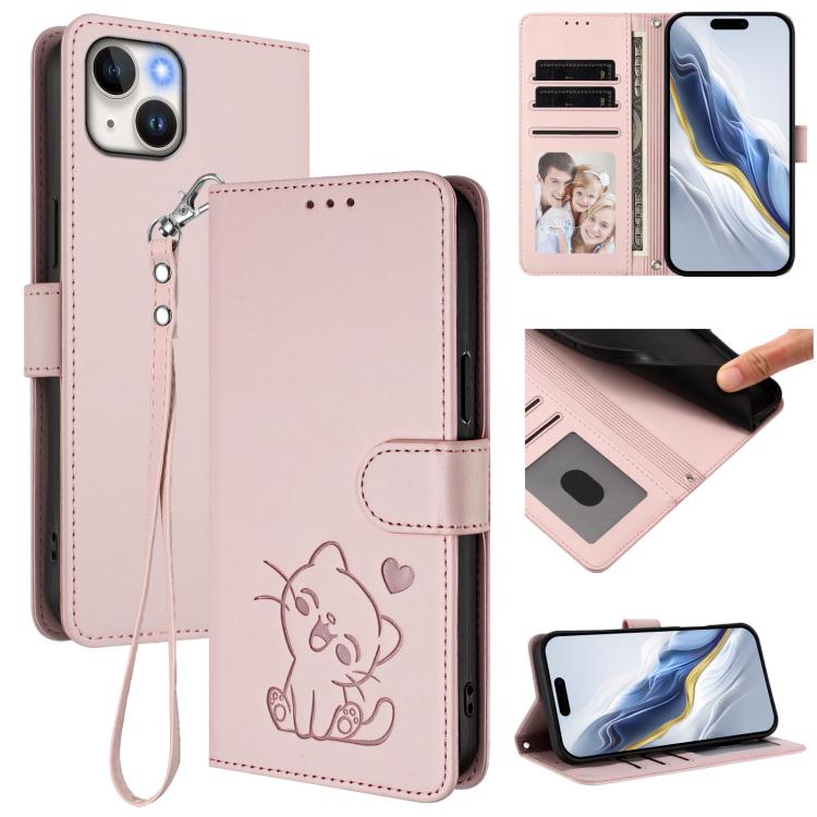 Embossed Heart Cat Leather Phone Case with Hand Strap, For iPhone 15, For iPhone 14 Plus