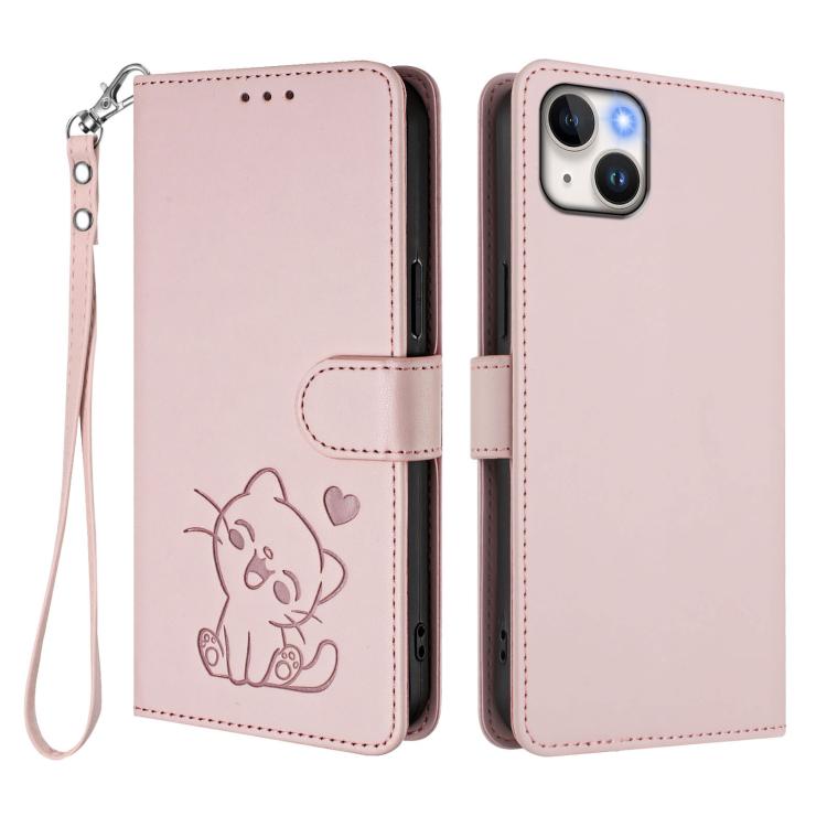 Embossed Heart Cat Leather Phone Case with Hand Strap, For iPhone 15, For iPhone 14 Plus