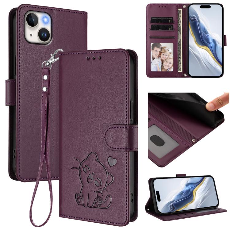 Embossed Heart Cat Leather Phone Case with Hand Strap, For iPhone 15, For iPhone 14 Plus