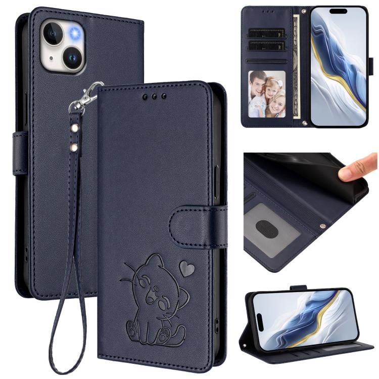 Embossed Heart Cat Leather Phone Case with Hand Strap, For iPhone 15, For iPhone 14 Plus