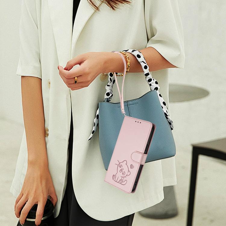 Embossed Heart Cat Leather Phone Case with Hand Strap, For iPhone 14 / 13, For iPhone 14 Pro