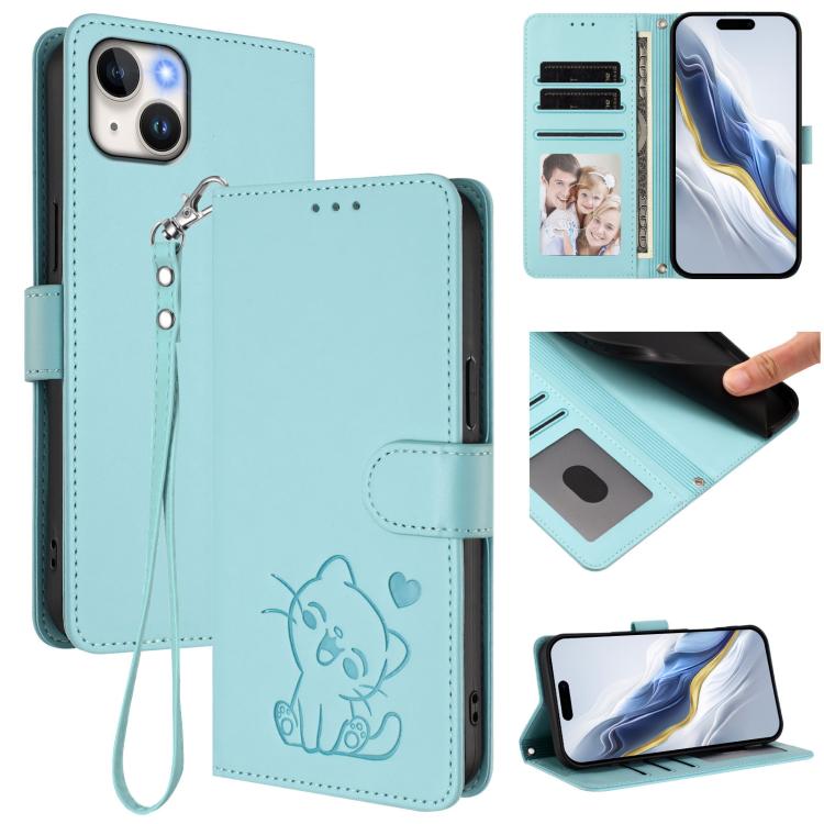 Embossed Heart Cat Leather Phone Case with Hand Strap, For iPhone 14 / 13, For iPhone 14 Pro