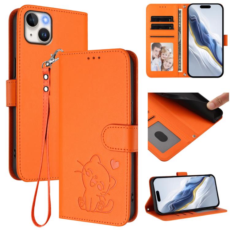 Embossed Heart Cat Leather Phone Case with Hand Strap, For iPhone 14 / 13, For iPhone 14 Pro
