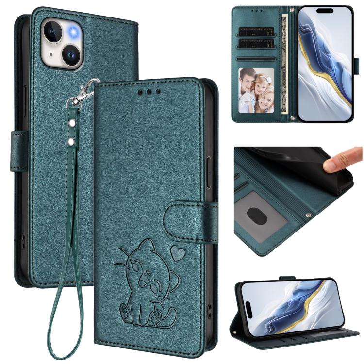 Embossed Heart Cat Leather Phone Case with Hand Strap, For iPhone 14 / 13, For iPhone 14 Pro