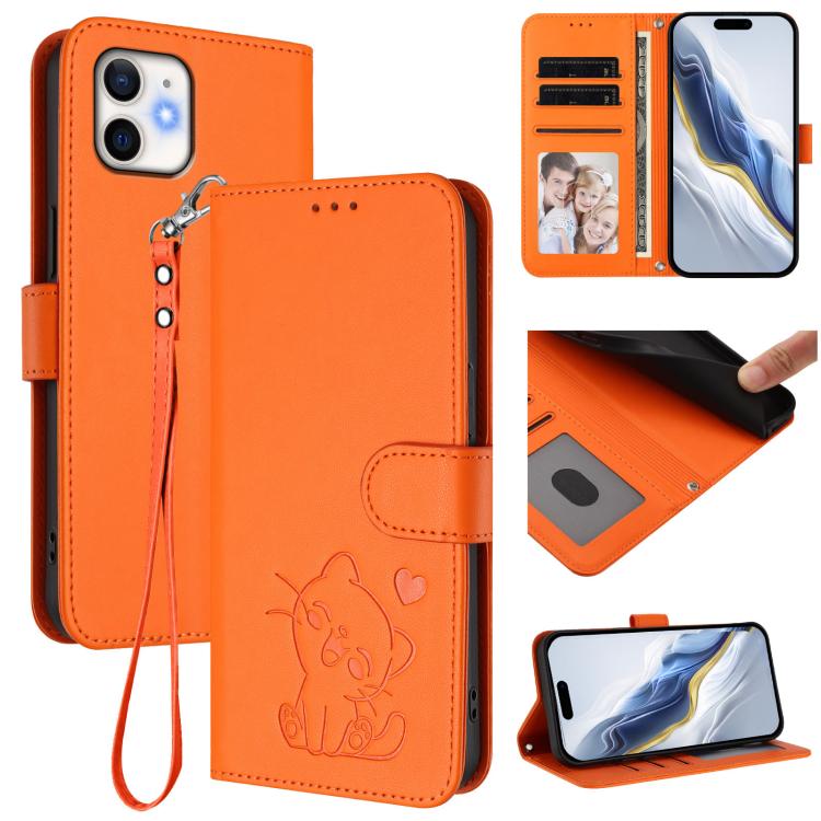 Embossed Heart Cat Leather Phone Case with Hand Strap, For iPhone 12 Pro Max, For iPhone 12 mini