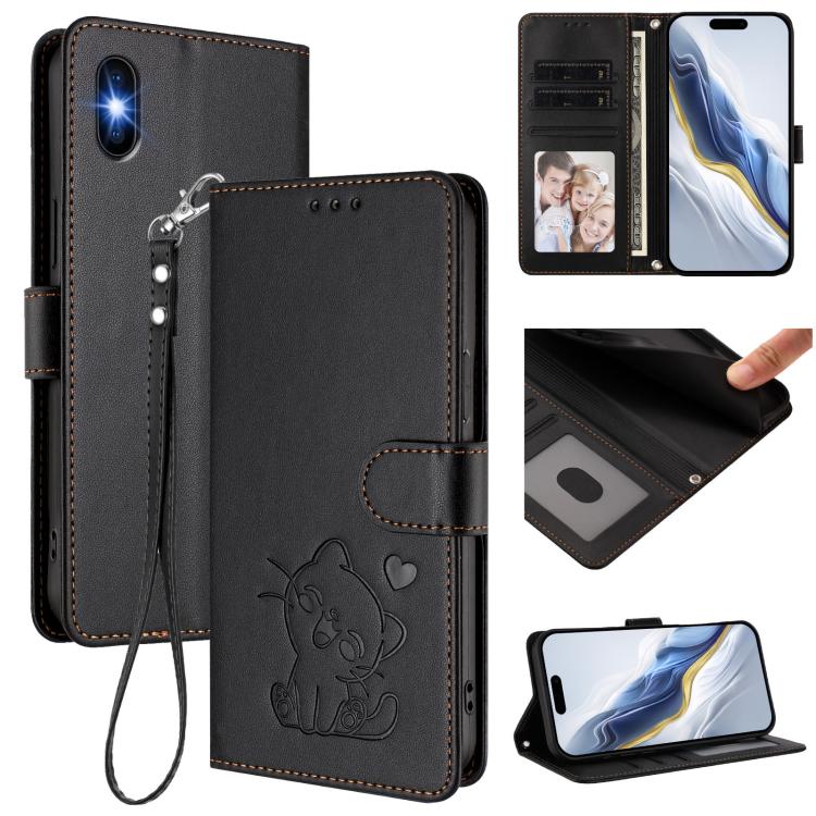 Embossed Heart Cat Leather Phone Case with Hand Strap, For iPhone XR, For iPhone XS Max
